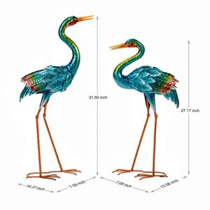 Natelf Garden Crane Statues for Outdoor, Blue Heron Decor Standing Garden Art Sculptures, Metal Large Birds Lawn Ornaments for Patio Pond Yard Lawn Decorations, Set of 2