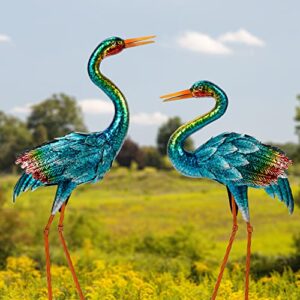 Natelf Garden Crane Statues for Outdoor, Blue Heron Decor Standing Garden Art Sculptures, Metal Large Birds Lawn Ornaments for Patio Pond Yard Lawn Decorations, Set of 2