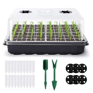 delxo 3-pack seed starter tray seedling kit tray (48 cells per tray) humidity adjustable plant germination kit garden seed starting tray with clear dome and black base plus plant tags hand tool kit