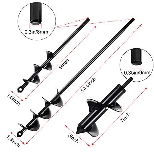 Honoson 3 Pieces Garden Auger Drill Bits for Planting Garden Auger Spiral Drill Bit Rapid Planter for Bulb Bedding Plants Vegetables Flowers Digging Weeding (Black,1.6 x 9 Inch/ 1.8 x 14.6 Inch/ 3 x 7 Inch)