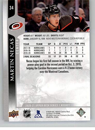 2020-21 Upper Deck #34 Martin Necas Carolina Hurricanes NHL Hockey Trading Card