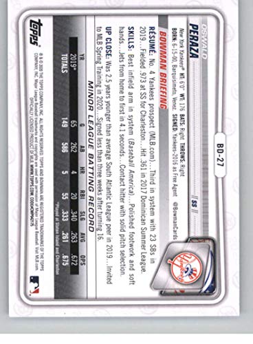 2020 Bowman Draft Paper #BD-27 Oswald Peraza New York Yankees Official MLB Baseball Trading Card From The Topps Company in Raw (NM Near Mint or Better) Condition