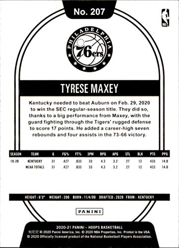 2020-21 NBA Hoops #207 Tyrese Maxey RC Rookie Philadelphia 76ers Official Panini Basketball Trading Card (Stock Photo, NM-MT Condition)