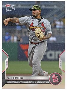 2022 topps now yadier molina #216 – catcher makes pitching debut- st. louis cardinals baseball trading card- print run of only 751 made! shipped in protective screwdown holder.