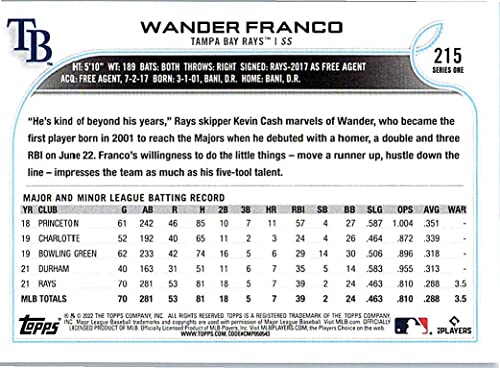 Wander Franco Topps All Star Rookie Card Collectible Baseball Card - 2022 Topps Baseball Card #215 (Rays) Free Shipping