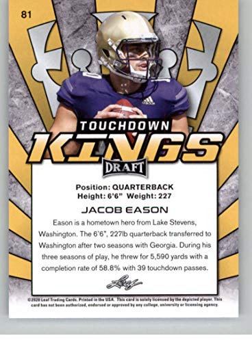 2020 Leaf Draft #81 Jacob Eason RC - Washington Huskies Indianapolis Colts (Touchdown Kings) (RC - NFL Rookie Football Trading Card)