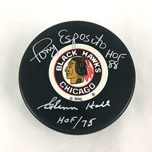 tony esposito and glenn hall chicago blackhawks signed autographed hockey puck – hof inscriptions – beckett coa