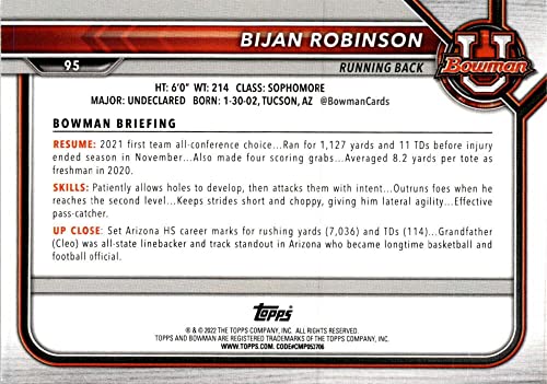 BIJAN ROBINSON RC 2022 Bowman University #95 ROOKIE NM+-MT+ NFL Football NCAA Paper