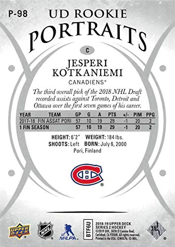 2018-19 Upper Deck Portraits Hockey #P-98 Jesperi Kotkaniemi Montreal Canadiens Official NHL Trading Card from UD