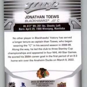 2022-23 Upper Deck MVP Silver Script #6 Jonathan Toews Chicago Blackhawks NHL Hockey Trading Card