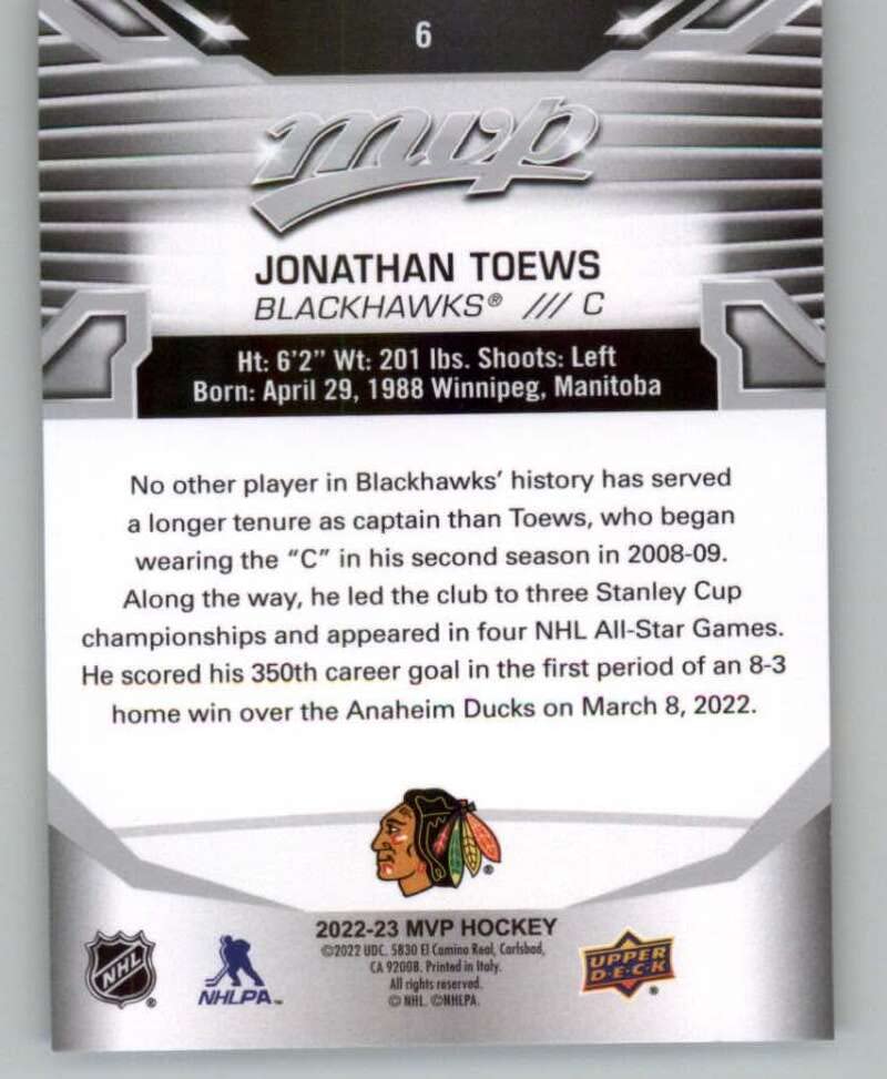 2022-23 Upper Deck MVP Silver Script #6 Jonathan Toews Chicago Blackhawks NHL Hockey Trading Card