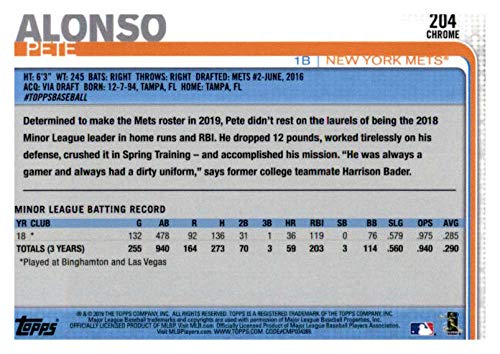 2019 Topps Chrome #204 Pete Alonso New York Mets Rookie Baseball Card