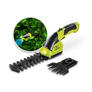 sun joe hj604c cordless grass shear + shrubber handheld trimmer, (w/ battery + charger included)