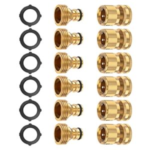 hopcorner 6 sets garden hose quick connector, solid brass 3/4 inch ght thread fitting no-leak, water hose female and male easy connect