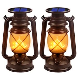 solar lantern outdoor hanging solar lights dancing flame vintage led waterproof camping lamps, landscape decor for table patio garden yard pathway porch 2pack (orange flame)