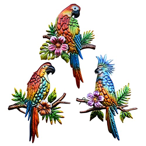 J-Fly Parrot Tropical Wall Art Decor Metal Bird Wall Decor Outdoor Decorations for Patio Wall Fence Garden Home Kitchen Balcony Tropical Bird Macaw Wall Sculpture Hanging for Indoor Outdoor