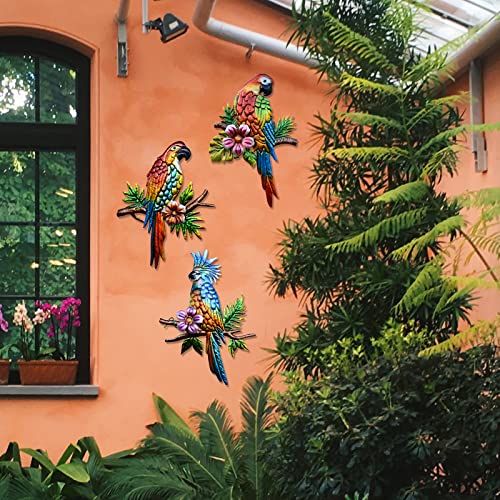 J-Fly Parrot Tropical Wall Art Decor Metal Bird Wall Decor Outdoor Decorations for Patio Wall Fence Garden Home Kitchen Balcony Tropical Bird Macaw Wall Sculpture Hanging for Indoor Outdoor