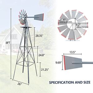 HAHASOLE 8ft Garden Windmill, Heavy Duty Durable Metal Weather Vane for Backyard, Ornamental Windmill for Yard Weather Resistant (Gray, 8FT)