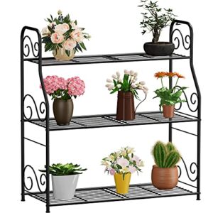 ovicar metal plant stand rack – 3 tier indoor outdoor plant display shelf flower pot holder for garden patio balcony porch corner living room, multiple storage shelf for home use (black)