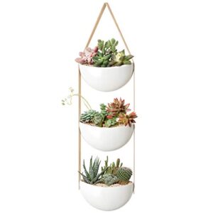 mkono ceramic wall planter 3 tier hanging succulent herb planter for indoor plants, 7 inch half moon flower pot with leather strap modern vertical garden for air plants live or faux plants home decor