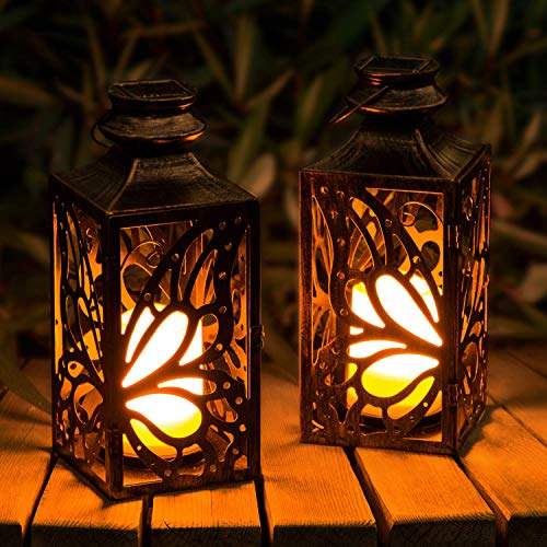 Solar Lanterns Outdoor Garden Decor - OxyLED 2 Pack 14.2 Inch LED Waterproof Hanging Retro Butterfly Lantern with Handle Flickering Flameless Candle Mission Lights for Table Patio Yard Pathway Porch