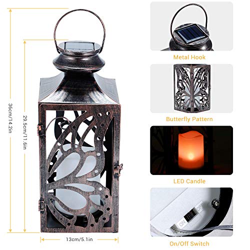 Solar Lanterns Outdoor Garden Decor - OxyLED 2 Pack 14.2 Inch LED Waterproof Hanging Retro Butterfly Lantern with Handle Flickering Flameless Candle Mission Lights for Table Patio Yard Pathway Porch