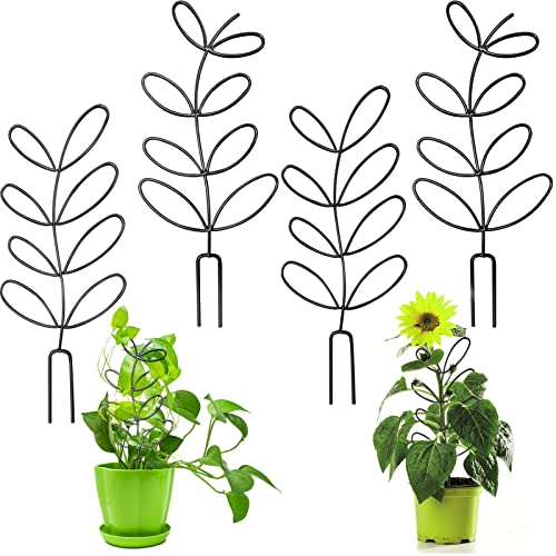 4 Pcs Small Metal Trellis for Potted Plants,Indoor Plants Trellis for Climbing,Leaf Shapes Mini Plant Trellis Support Stake House Plant Trellis for Garden Potted, Hoya, Pothos, Flower, Monstera(Black)