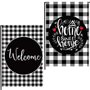 coskaka home decorative welcome home sweet home garden flag, buffalo plaid check house yard outdoor flag black and white, burlap spring summer outside farmhouse holiday flag 12.5 x 18