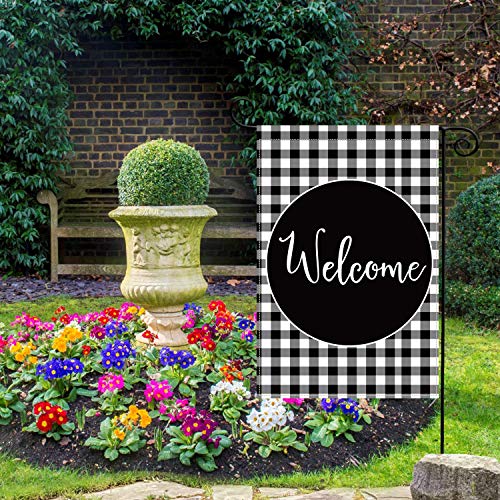 COSKAKA Home Decorative Welcome Home Sweet Home Garden Flag, Buffalo Plaid Check House Yard Outdoor Flag Black and White, Burlap Spring Summer Outside Farmhouse Holiday Flag 12.5 x 18