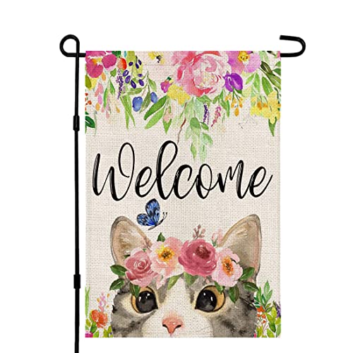 Cat Garden Flag Welcome 12 x 18 inch Flower Butterfly Yard Outdoor Decoration Burlap Spring Garden Flag DF032