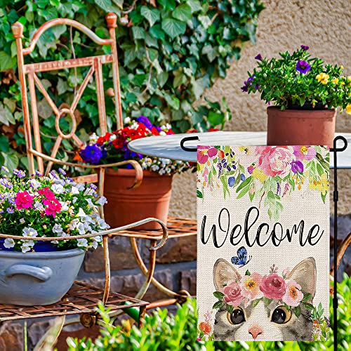Cat Garden Flag Welcome 12 x 18 inch Flower Butterfly Yard Outdoor Decoration Burlap Spring Garden Flag DF032