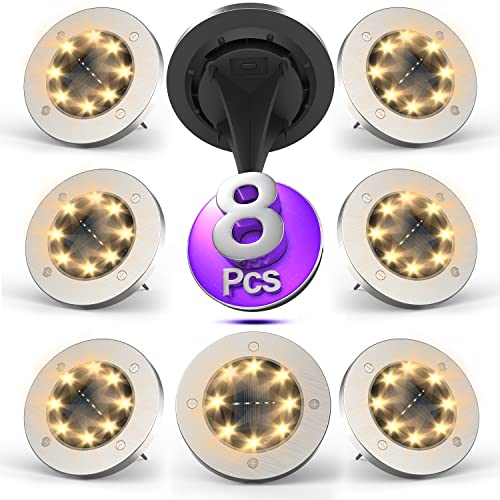 Solar Lights Outdoor, Disk Lights Solar Powered - 8 Led, Outdoor in-ground Solar Lights for Landscape, Walkway, Lawn, Steps Decks, Pathway Yard Stairs Fences, LED lamp, Waterproof (Warm White-8pcs)