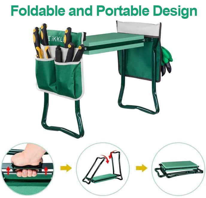 Garden Kneeler and Seat Heavy Duty, Gardening Stool Bench with Kneeling Pad, Folding Garden Stool Multifunctional Kneeler with 2 Tool Bags, Seed Organizer, Great Gardening Gift