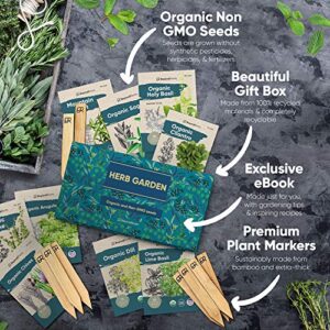 9 Herb Garden Seeds for Planting - USDA Certified Organic Herb Seed Packets - Non GMO Heirloom Seeds - Plant Markers & Gift Box - Tulsi Holy Basil, Cilantro, Mint, Dill, Sage, Arugula, Thyme, Chives