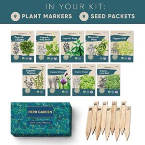 9 Herb Garden Seeds for Planting - USDA Certified Organic Herb Seed Packets - Non GMO Heirloom Seeds - Plant Markers & Gift Box - Tulsi Holy Basil, Cilantro, Mint, Dill, Sage, Arugula, Thyme, Chives