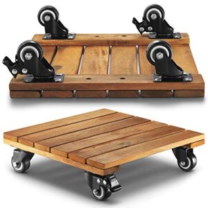 litada acacia wood plant caddy (set of 2) plant dolly heavy duty, 12 inches square plant roller with 4 metal lockable caster wheels, outdoor caddy indoor plant dolly…