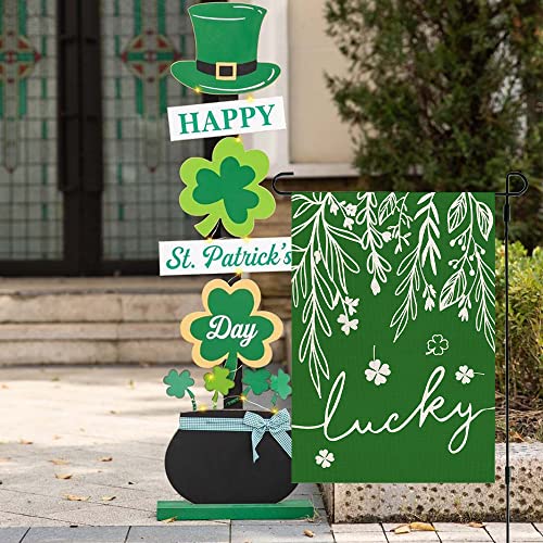 CROWNED BEAUTY St Patricks Day Garden Flag 12x18 Inch Double Sided for Outside Small Burlap Green Floral Shamrocks Clovers Lucky Yard Holiday Decoration CF733-12