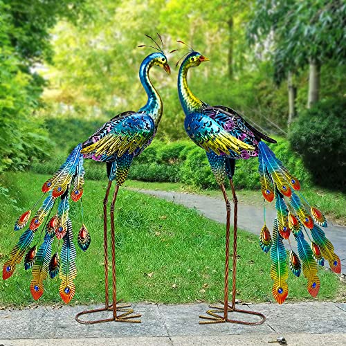 Glintoper 2 Pack Solar Peacock Garden Decor, Metal Peacocks Figurine Lights, LED Solar Powered Decorative Yard Statue Art Waterproof for Landscape Patio Yard Walkway Pathway Lawn