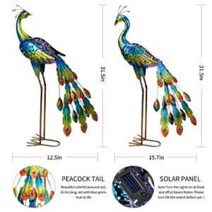 Glintoper 2 Pack Solar Peacock Garden Decor, Metal Peacocks Figurine Lights, LED Solar Powered Decorative Yard Statue Art Waterproof for Landscape Patio Yard Walkway Pathway Lawn