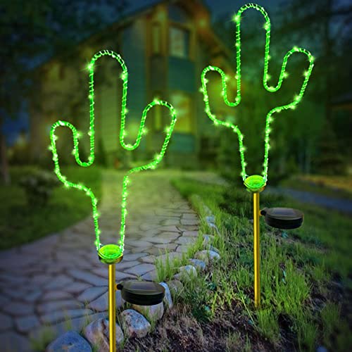 Outdoor Solar Garden Lights, 2 Pack Solar Cactus Walkway Lamp Solar Pathway Light Waterproof Yard Lights Decorative Sparkles Stake Landscape Light for Garden Pathway Lawn Patio Decor