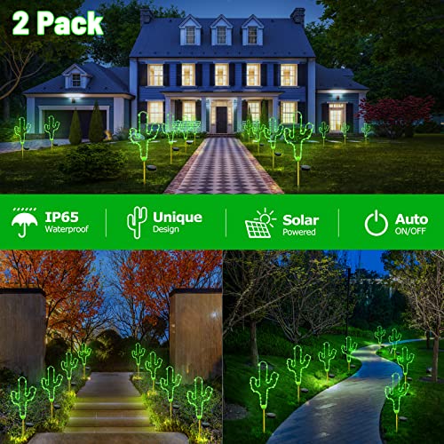 Outdoor Solar Garden Lights, 2 Pack Solar Cactus Walkway Lamp Solar Pathway Light Waterproof Yard Lights Decorative Sparkles Stake Landscape Light for Garden Pathway Lawn Patio Decor