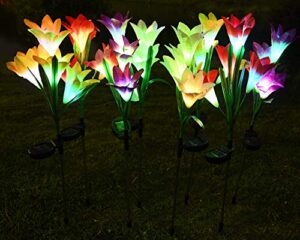 solar flowers – lily solar garden stake lights,8 pack powered lights with 32 lily flowers,waterproof 7 color changing led solar landscape lights for garden,outdoor,lawn,yard,pathway decoration
