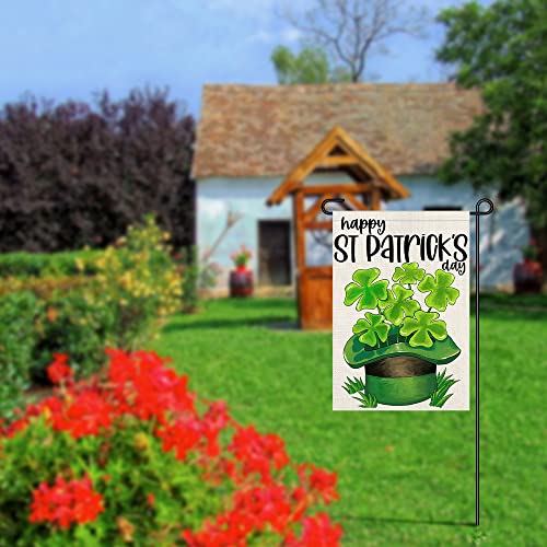 Happy St Patricks Day Burlap Garden Flags 12x18 Inch Double Sided, Green Lucky Shamrock Sign Small Farmhouse Yard Outdoor Decor DF192