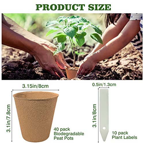 40Pcs 3.15 Inch Peat Pots, Biodegradable Eco-Friendly Round Plant Seedling Starters Kit, Seed Germination Trays with 10 Plant Labels for Flower Vegetable Tomato Saplings & Herb Seed Germination