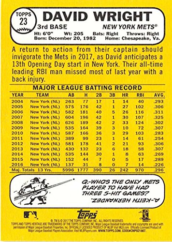 2017 Topps Heritage #23 David Wright New York Mets Baseball Card