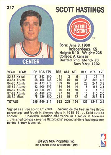 1989-90 NBA Hoops #317 Scott Hastings Detroit Pistons Inaugural Hoops Licensed Basketball Trading Card (Stock Photo. Near Mint or Better)