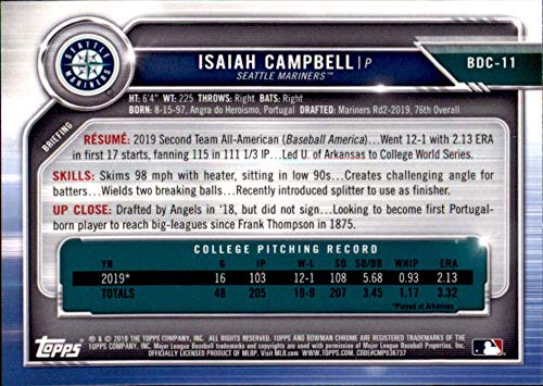 2019 Bowman Chrome Draft #BDC-11 Isaiah Campbell RC Rookie Seattle Mariners MLB Baseball Trading Card