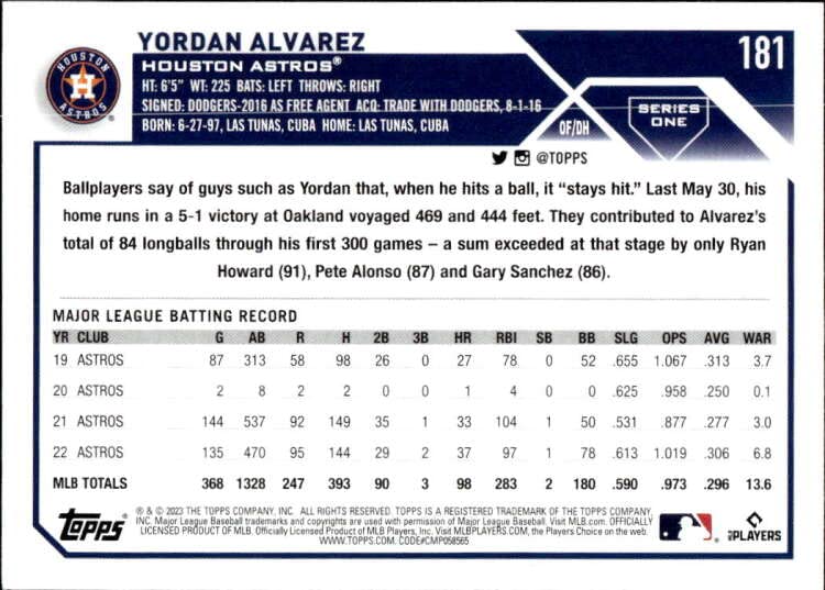 2023 Topps #181 Yordan Alvarez NM-MT Astros