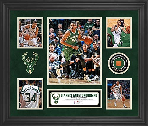 Giannis Antetokounmpo Milwaukee Bucks Framed 5-Photo Collage with a Piece of Team-Used Basketball - NBA Player Plaques and Collages