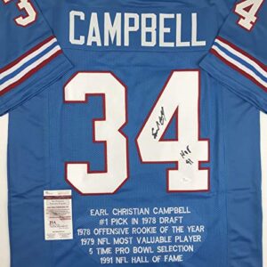 autographed/signed earl campbell hof 91 houston blue stat football jersey jsa coa